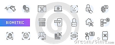 Biometric login line icon, Fingerprint password mail voice identity. Biometric detect eye face scan signature Vector Illustration
