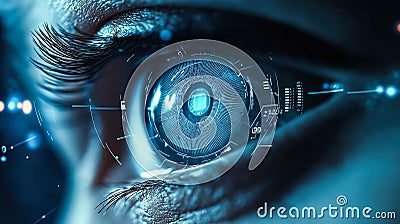 Biometric optical technology visualized with a futuristic holographic data patterns. Generative AI Stock Photo