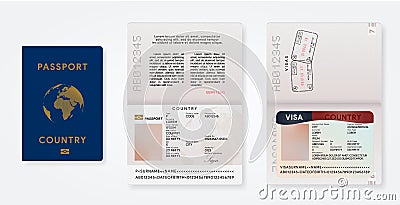 Biometric passport template. Travel id card mockup with tourist visa. International pass. Departure and arrival airport stamp in Stock Photo