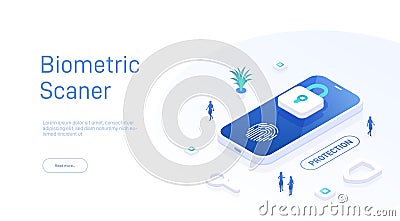 Biometric scaner landing page template. Password access to personal data by scanning fingerprint. Digital security. Can Vector Illustration