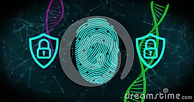 Biometric scanner and security padlock icons against dna structures and network of connections Stock Photo