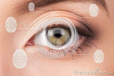 Biometric security retina scanner. Young woman eye fingerprint, imprint. Stock Photo