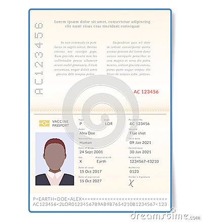 Biometric vaccine passport. Contemporary passports will be provided with an information on vaccinations against Vector Illustration