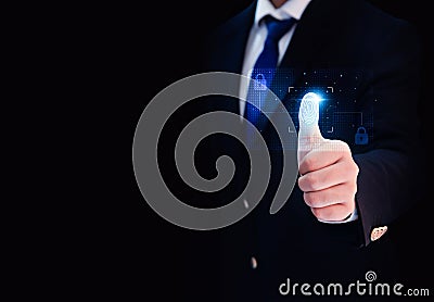 Biometric Verification concept background with Man Touching on the Screen with Thumb. Empty Copy space with thumb touching for Stock Photo