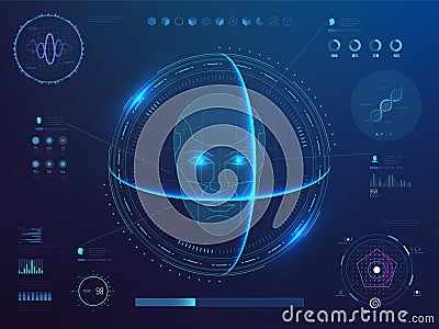 Biometrics digital face scanning, facial recognition software with hud interface, charts, diagram and dna detection data Vector Illustration