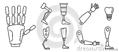 Bionic artificial limbs icons set, outline style Vector Illustration