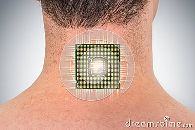 Bionic chip processor implant in male human body Stock Photo