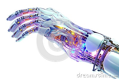 Bionic hand. Prosthetic human limbs. Modern new cyber arm for disabled people. Generative AI. Illustration for banner, poster, Stock Photo