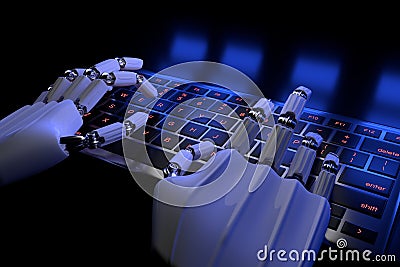 Bionic hands typing on keypad, keyboard. Robotic arm cyborg using computer. 3d render illustration. Bionics technology concept Cartoon Illustration