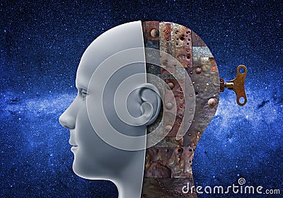 Bionic human head with integrated circuits and mechanisms in the brain Stock Photo