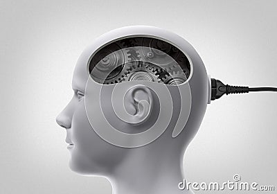 Bionic human head with integrated circuits and mechanisms in the brain Stock Photo