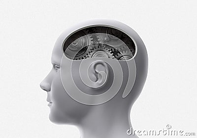Bionic human head with integrated circuits and mechanisms in the brain Stock Photo