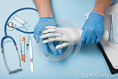 Bionic medical hand prosthesis. Amputation of arm Stock Photo