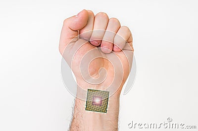 Bionic microchip inside human hand - cybernetics concept Stock Photo