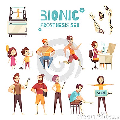 Bionic Prothesis Cartoon Icons Set Vector Illustration