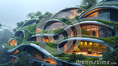 Biophilic design architecture with lush greenery. Curvilinear eco-friendly building enveloped in plants. Concept of Stock Photo