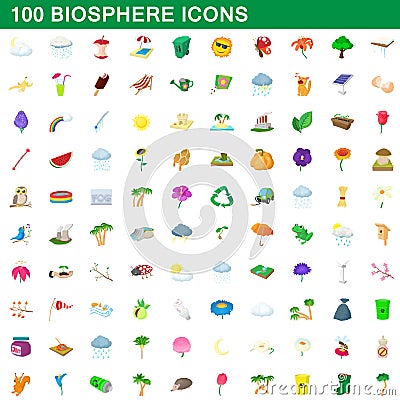 100 biosphere icons set, cartoon style Vector Illustration