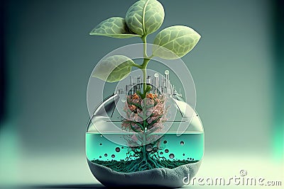 biotechnology concept - glass flask with vegetable sprout inside, neural network generated art Stock Photo
