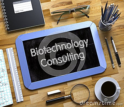 Biotechnology Consulting - Text on Small Chalkboard. 3D. Stock Photo
