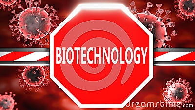 Biotechnology and Covid-19, symbolized by a stop sign with word Biotechnology and viruses to picture that Biotechnology is related Cartoon Illustration