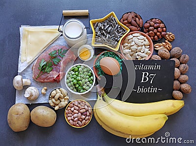 Biotin high foods. Vitamin B7 (vitamin H) rich food sources. Biotin supports eye, skin, hair and brain health. Stock Photo