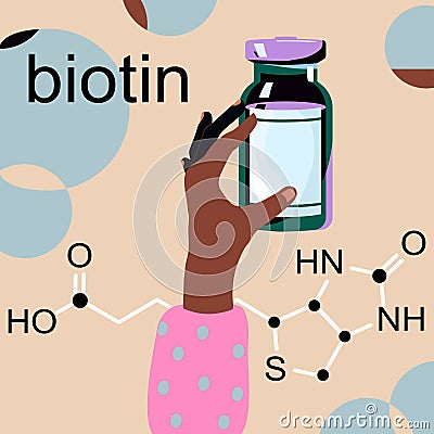 Biotin or Vitamin B7 with Chemical formula.Essential nutrient.Hand holds bioactive complex jar with pills. Vector Illustration