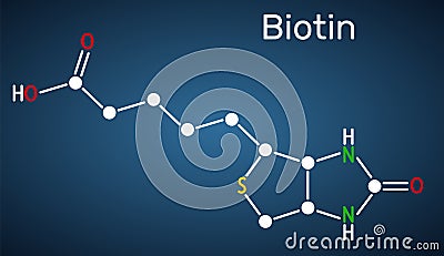 Biotin, vitamin B7 molecule. Structural chemical formula on the dark blue background Stock Photo