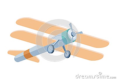 Biplane in flight vector flat illustration isolated on white background. Airplane, transportation, flight, travel symbol Vector Illustration