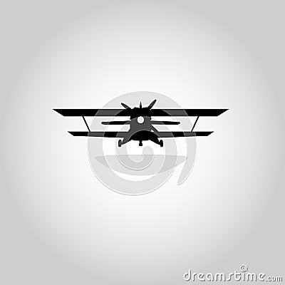 Biplane. Retro airplane illustration. Vintage plane front view. Isolated vector illustration. Plane icon. Vector Illustration