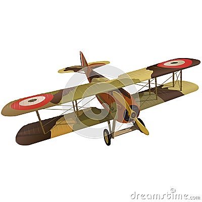 Biplane from World War with military camouflage. Model aircraft propeller. Vector Illustration