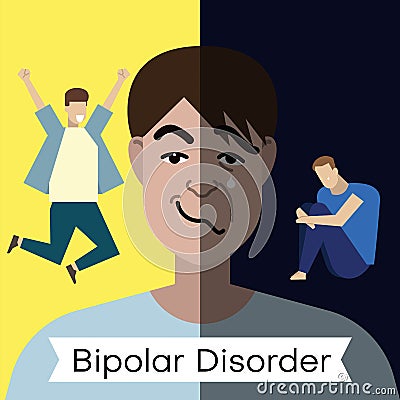 Bipolar disorder concept. Young man with double face expression and at different poses. Vector Illustration