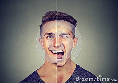 Bipolar disorder concept. Young man with double face expression Stock Photo
