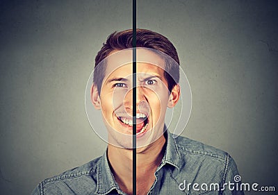 Bipolar disorder concept. Young man with double face expression Stock Photo