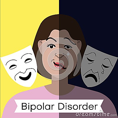 Bipolar disorder concept. Young woman with double face expression and theater masks Vector Illustration