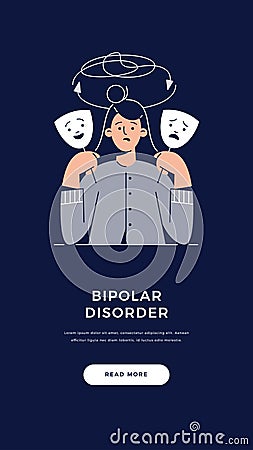 Bipolar disorder, Manic depression banner. Woman suffers from mood swings shows two face mask with happy and unhappy Vector Illustration