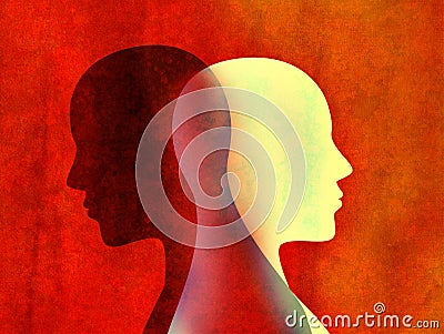 Bipolar disorder mind mental concept. Change of mood. Emotions. Dual personality. Split personality. Head silhouette of man Stock Photo