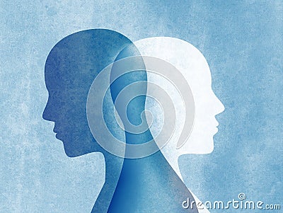 Bipolar disorder mind mental. Split personality. Mood disorder. Dual personality concept. Silhouette on blue background Stock Photo