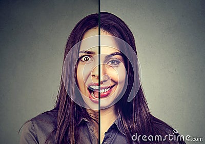 Bipolar disorder and split personality concept. Woman with double face expression Stock Photo