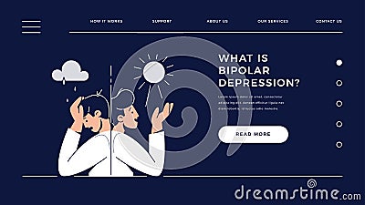 Bipolar disorder web template. Man suffers from mood swings, split mania and depression period. Manic depression, Mental Vector Illustration