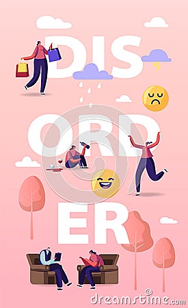 Bipolar Mental Brain Disorder Concept. Female Character with Neurological and Emotion Sickness Visit Psychiatrist Doctor Vector Illustration