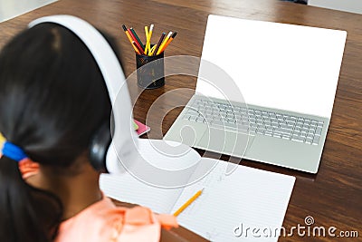 Biracial girl studies at home, with copy space Stock Photo