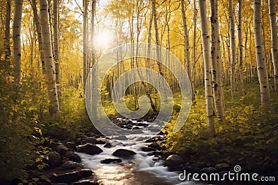 Birch forest and mountain creek, tranquil forest landscape in spring, generative ai Cartoon Illustration