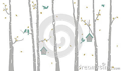 Birch Tree with bird houses and birds silhouette Vector Illustration