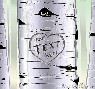 Birch tree with carved hearts and place for text Vector Illustration