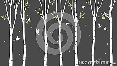 Birch Tree with deer and birds Silhouette Background Vector Illustration