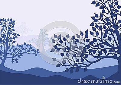 Birch trees silhouettes on landscape fading background. Blue forest. Vector Illustration