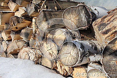 Birch wood logs piled in a pile in the snow prepared for kindling for the winter in a stack Stock Photo