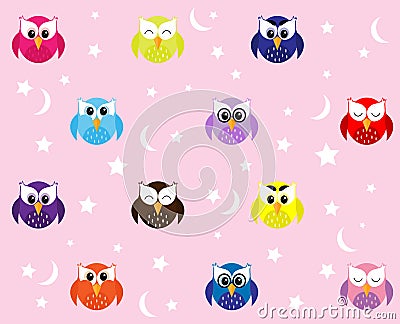 Multi-colored owls with stars on pink background Vector Illustration