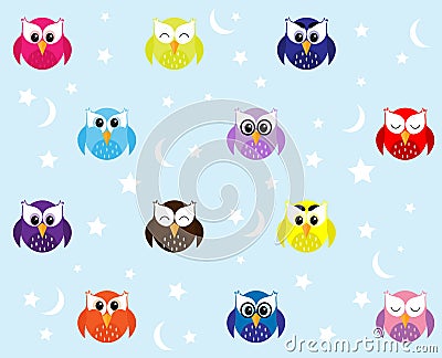 Multi-colored owls with stars on blue background Vector Illustration