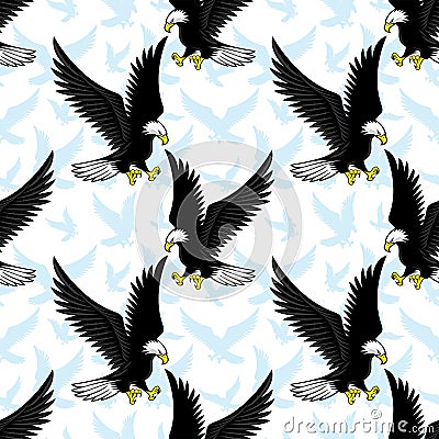 Seamless pattern with flying bald eagles. Vector Illustration